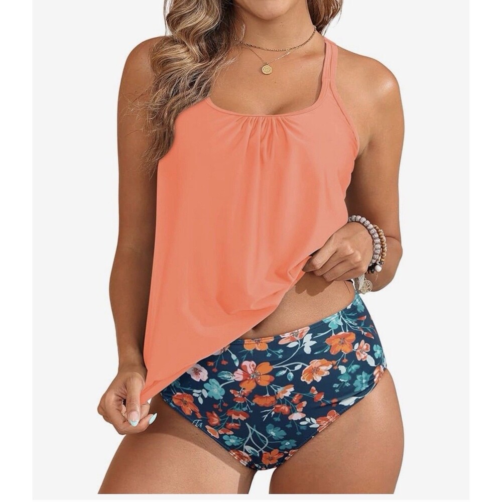 Tempt Me Blouson Two Piece Tankini Swimsuit Tummy Control orange floral size L